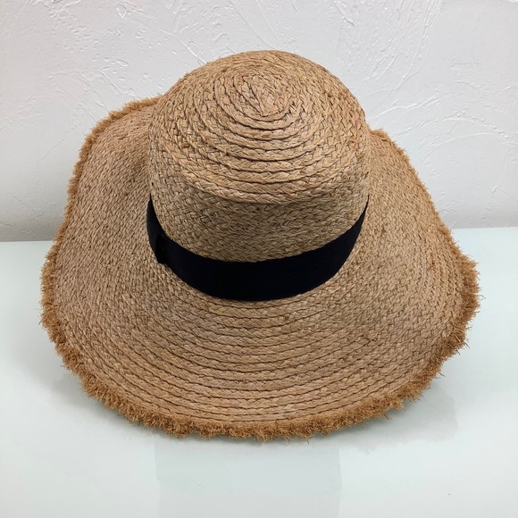 Lucca Raffia Natural Wide Rim Hat with Black band Adjustable Size NEW - Picture 4 of 11